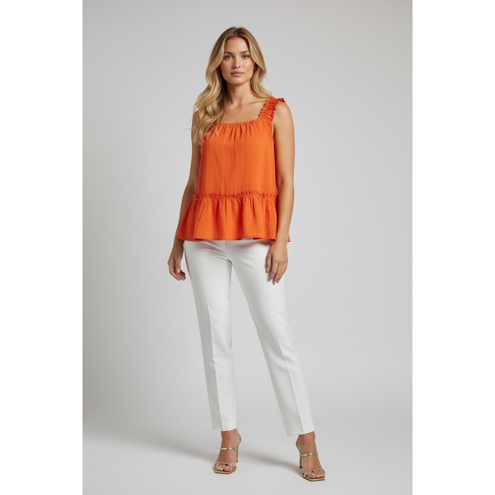 NEW Cleo Ruffle Peplum Tank Top Sleeveless Textured Orange Casual Large